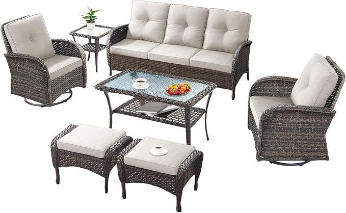 7 Pieces Outdoor Patio Furniture-Swivel Patio Chairs Set of 2 Outdoor Wicker Rattan Sofa Couch with Ottoman Outdoor Conversation Set for Deck Porch Garden Balcony Poolside-Brown/Beige