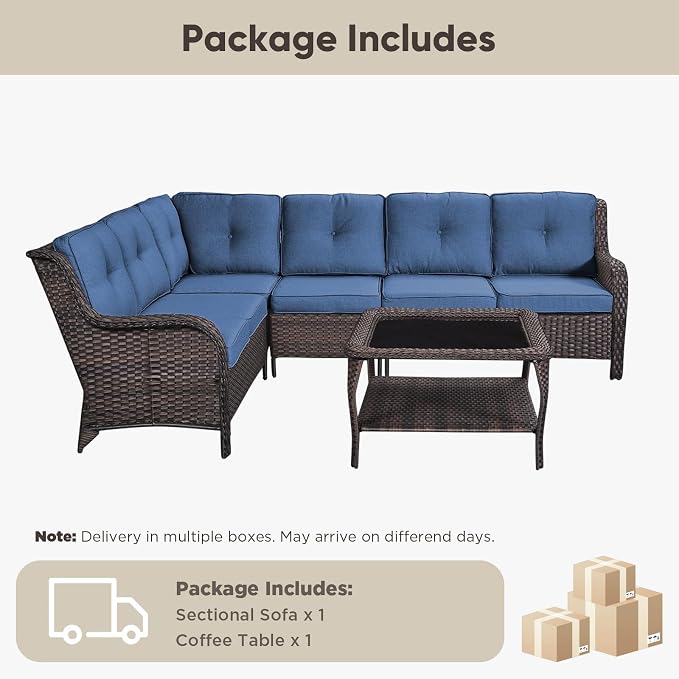 Belord Patio Furniture Set 6 Seats, Oversized Outdoor Sectional Couch, Two 3-Seater Sofas with Coffee Table, Patio Conversation Sets,Ideal for Porch, Deck, Brown Wicker/Blue