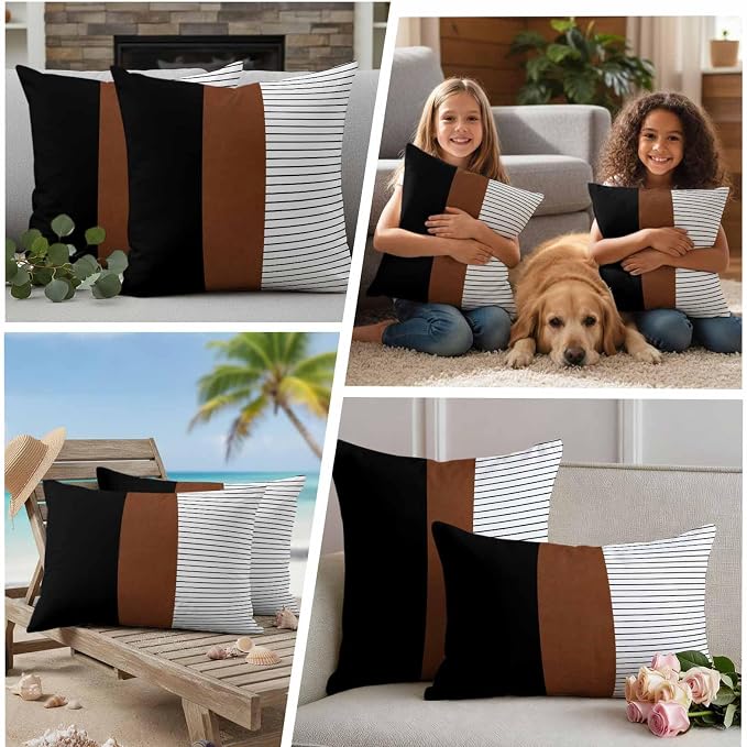 Waterproof Pillow Covers Set of 2 18x18 Inch Brown Black Lines Outdoor Cushion Covers Boho Style Decorative Pillow Cases for Patio, Sofa, Couch, Garden, Balcony
