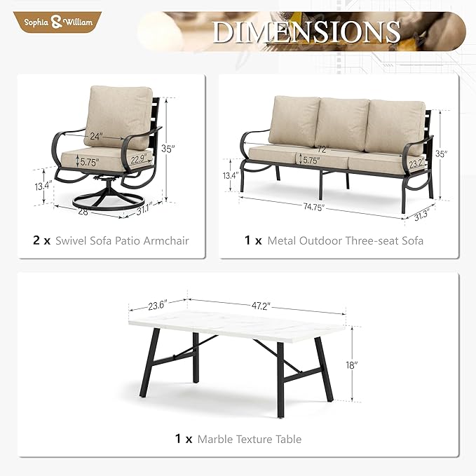 Sophia & William Patio Furniture Sets 5 Seats Outdoor Metal Conversation Sets 4 Pcs with 2 x Cushioned Swivel Sofa Chairs,1 x 3-Seat Sofa, 1x Marbling Metal Coffee Table Lawn Backyard Poolside Beige