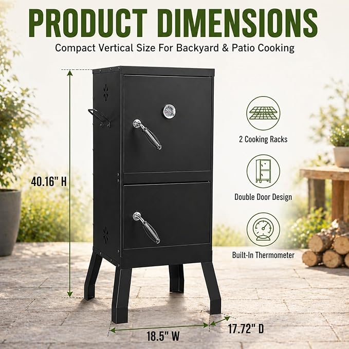 Vertical Charcoal Smoker, 2-in-1 Smoker Grill, BBQ Smoker for Meat, Outdoor Smoker for Backyard Patio | Double Door Easy Access | 2 Cooking Racks, 4 Air Vents, Built-In Thermometer
