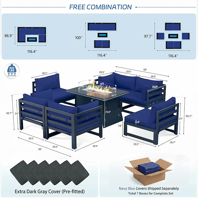 NICESOUL 7 Pcs Large Modern Aluminum Outdoor Patio Furniture Set with Fire Pit Table Propane/Gas, 29" Wide Deep Seat, Fade Resistant Sectional Sofa, 500 lbs Sturdy Backyard Conversation Set, Navy Blue