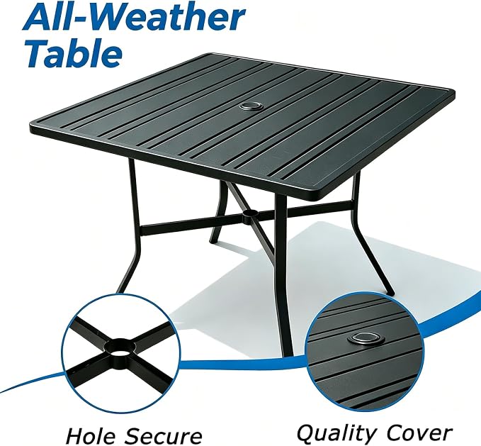 Outdoor Patio Furniture Set 5 Piece with 4 Brwon Stackable Rattan Chairs and Black Outdoor Metal Dining Table with Umbrella Hole