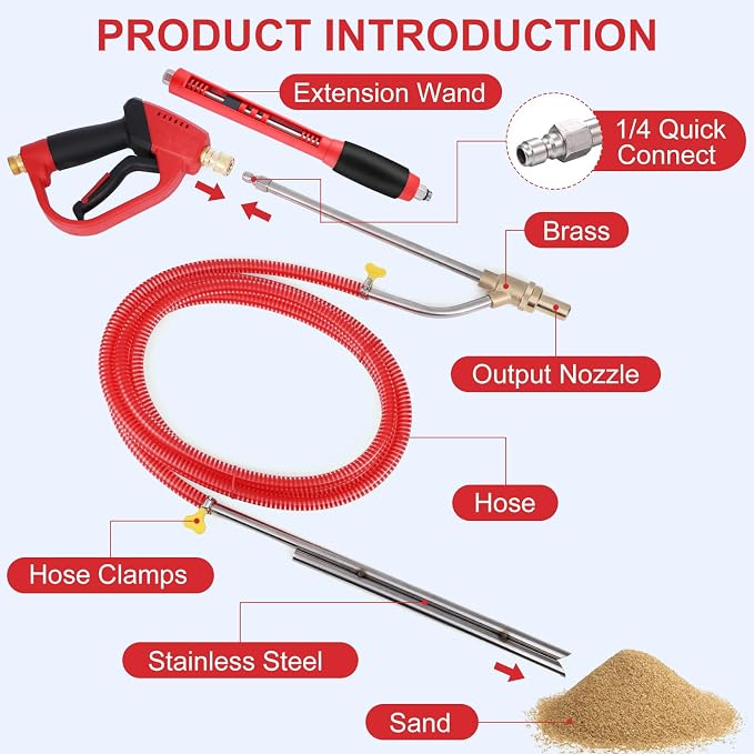 Pressure Washer Sand Gun Blaster Kit with Gun, 5000 PSI Sand Gun Blaster for Pressure Washer with Extension Wand & 4 PCS Replacement Nozzle & 1/4'' Quick Disconnect