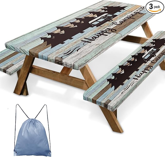 Picnic Table Cover with Bench Covers Elastic Edges, Green Camper Fitted Table Cover, Outdoor Patio Camping Essentials 72 Inch 3PCS, Waterproof Camping Fitted Tablecloth with Drawstring Bag