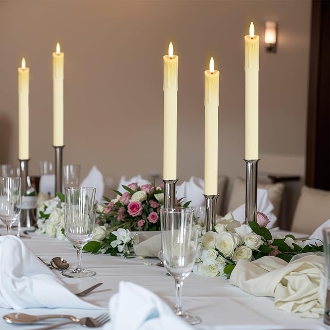Rechargeable Flameless Taper Candles with Charging Station & Remote Timer, 6 Pcs Real Wax LED Taper Candles, Battery Operated Candlesticks for Home Wedding Christmas Decorations (Ivory)