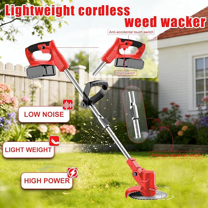 Electric Weed Wacker 21V Brush Cutters Battery Powered 3 in 1 Lightweight Weed Wacker Eater with Blade Adjustable Pole Cordless Grass Trimmer with 2 * 2.0Ah Batteries and Charger for Garden Yard Red