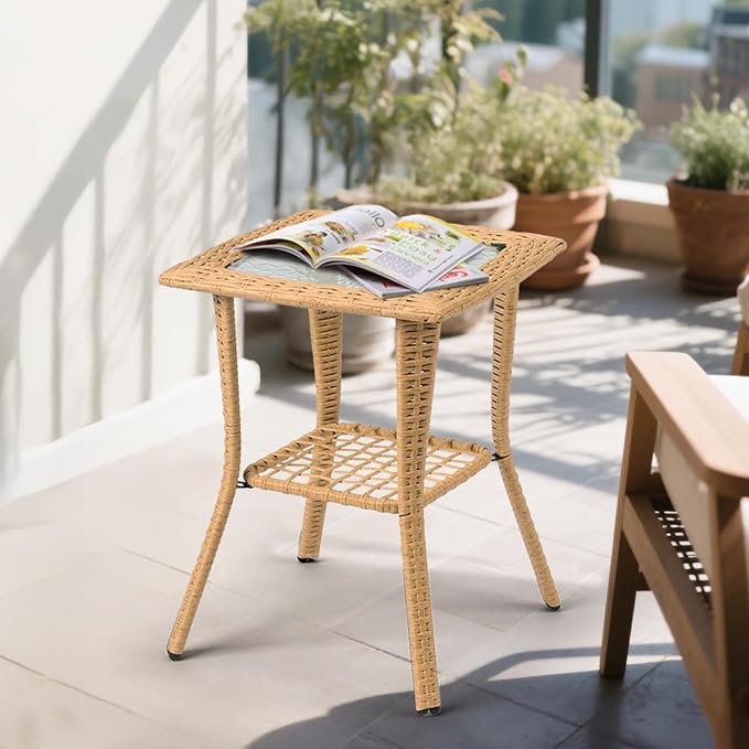 Outdoor Wicker Side Table, Rattan End with Glass Top, Patio Coffee Bistro for Indoor Garden Porch Balcony (Beige)