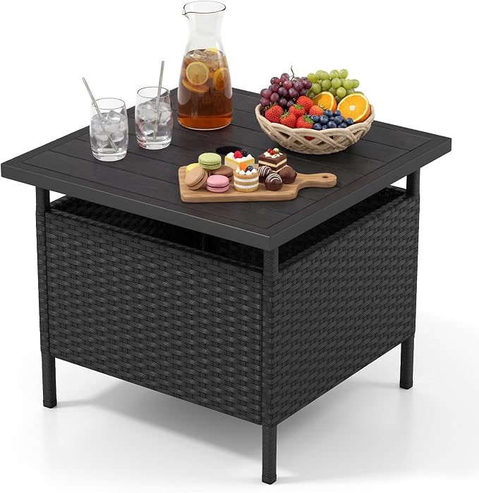 HAPPYGRILL Patio Umbrella Table Stand, Rattan Outdoor Side Table with Umbrella Hole, PE Wicker Frame, for Patio Garden Deck Poolside (Black)