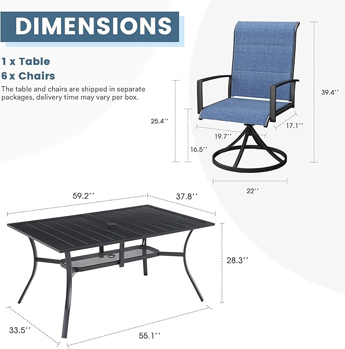 DIFY 7 Piece Outdoor Patio Dining Set for 6, 59.2" Black Rectangle Metal Dining Table and Swivel Patio Chairs with Blue Padded Textilene, All-Weather Outdoor Furniture Set for Garden Backyard Porch