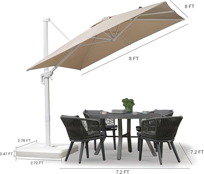 PURPLE LEAF 8 FT Patio Umbrella With Base White Cantilever Umbrella Square Outdoor Offset Umbrella Windproof with 360° Rotation for Garden Deck Pool, Beige