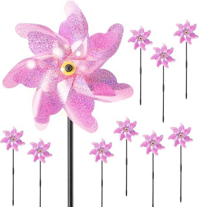 BATTIFE Preassembled Reflective Pinwheels for Yard & Garden, Pink, 10 Pack | Sparkly Reflective Material Spinner, Spins Best in Steady Wind, Animal-Deterrent Results Vary by Placement and Conditions