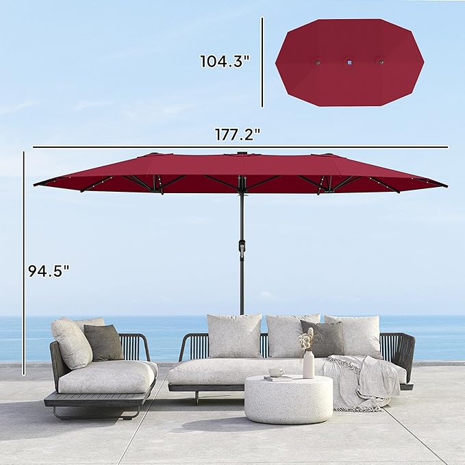 Outsunny 14.8ft Double Umbrella, Large Outdoor Patio Sun Shade with LED Solar Light for Garden