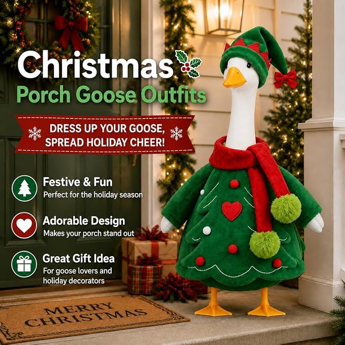 STONESTAR Christmas Porch Goose Outfits for 23" Goose Statue, Xmas Tree Goose Plush Clothes with Elf Hat & Pom Pom Scarf, Festive Outdoor Yard Garden Christmas Santa Holiday Decor