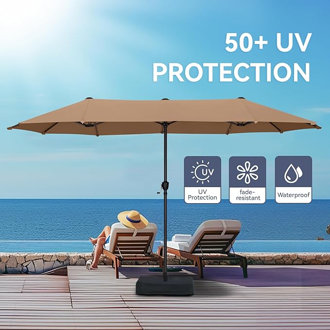 GREEN PARTY 13ft Rectangle Patio Umbrella, Double Sided Outdoor Table Umbrella with Crank & 1.5" Pole, Large Market Umbrella for Poolside Garden Deck Backyard, Tawny