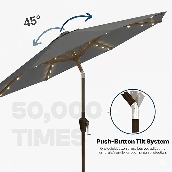10FT Solar Lighted Patio Umbrella, Outdoor Table Market Umbrellas with Push Button Tilt and Crank, 32 LED Lights, 8 Sturdy Ribs, UV-Resistant for Deck, Garden, Pool