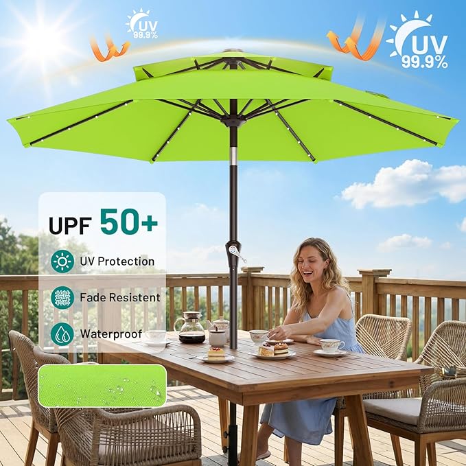 AreShark 9ft 2 Tiers Patio Umbrella with Solar Lights, Outdoor Umbrella w/ 32 LED Lights&8 Sturdy Ribs, Table Umbrella for Deck, Backyard, Pool(Apple Green)