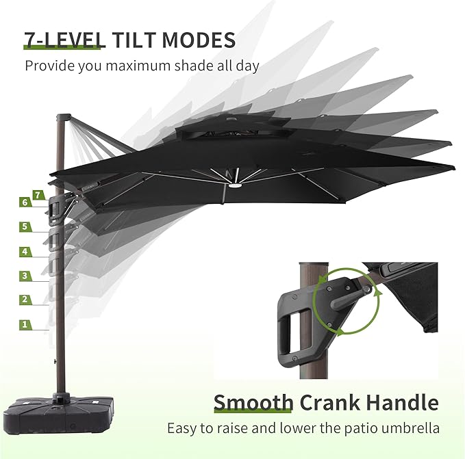 JZAC & QZYD 10X13 FT Outdoor Cantilever Patio Umbrella with Base Included and LED Lights, Large Heavy Duty 2-Tier Aluminum Offset Umbrellas with 360-Degree Rotation for Pool Deck, Black