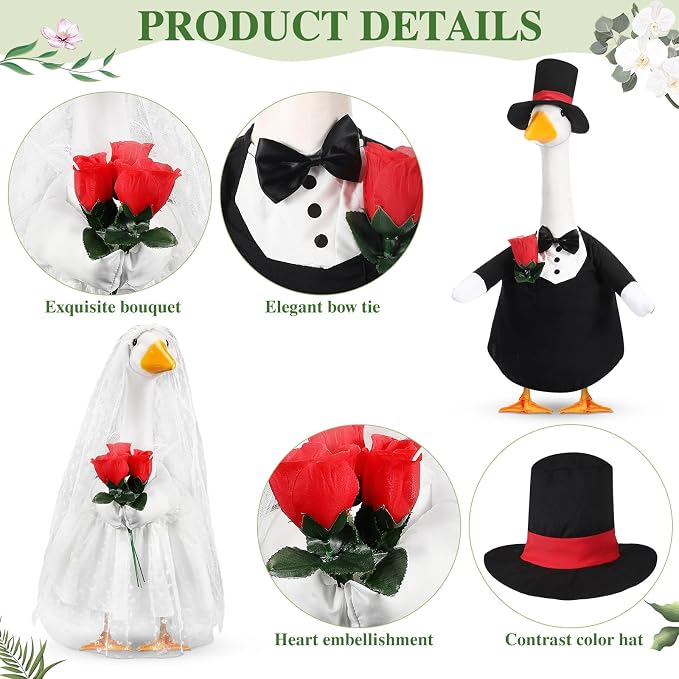 Geyoga 2 Sets Wedding Porch Goose Outfits for 23'' Goose Couple Bridegroom Suit Blazer Bride Wedding Dresses Couple Costume(Flower Style)