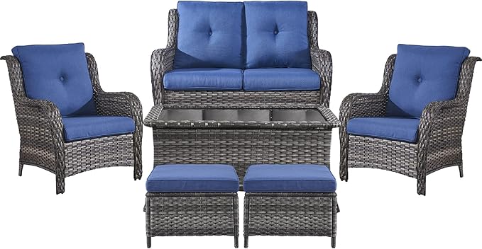 Belord 6 Pieces Patio Furniture Set Outdoor Wicker Furniture, 2 Patio Wicker Chairs with 1 Loveseat Sofa, Coffee Table and Ottomans, Patio Conversation Set for Porch Garden Deck Balcony Poolside
