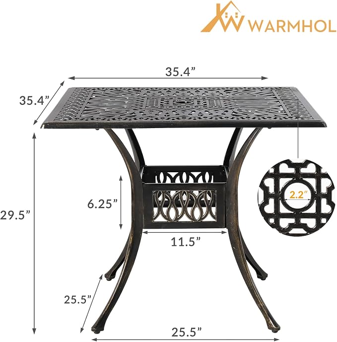 Outdoor Cast Aluminum Patio Table, 35.4” Square Bistro Table with 2.2’’ Umbrella Hole for Patio Furniture Garden Deck Backyard