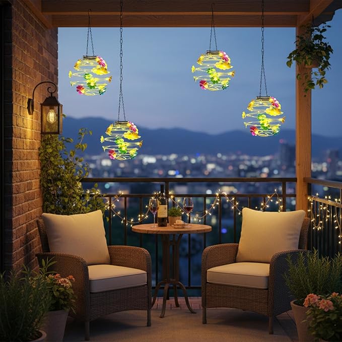 2 Pack Solar Lanterns Outdoor Waterproof , 30LEDs Hanging Solar Lights with Flower for Garden Patio Yard Decor, Gift for Grandma Gardeners Women