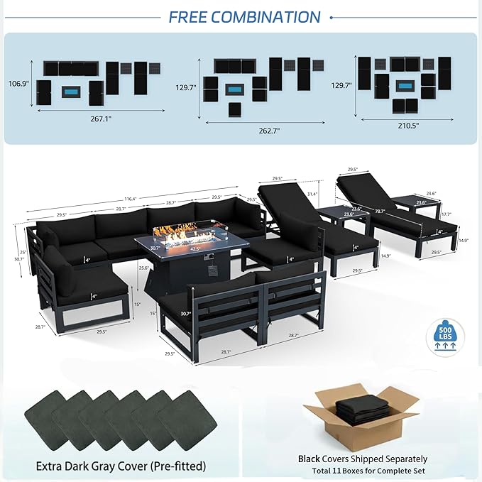 NICESOUL 13 Piece Large Modern Aluminum Outdoor Patio Furniture Set with Lounge & Fire Pit Table, 29" Wide Deep Seating, Fade Resistant Sectional Sofa, 500 lbs Heavy Duty Deck Conversation Set, Black