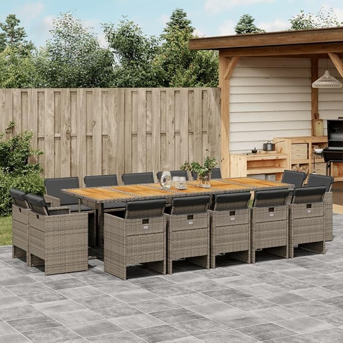 15-Piece Patio Dining Set with Cushions Gray Poly Rattan Outdoor Furniture Set for Backyard Garden Balcony Porch with Foldable Chairs and Acacia Wood Table