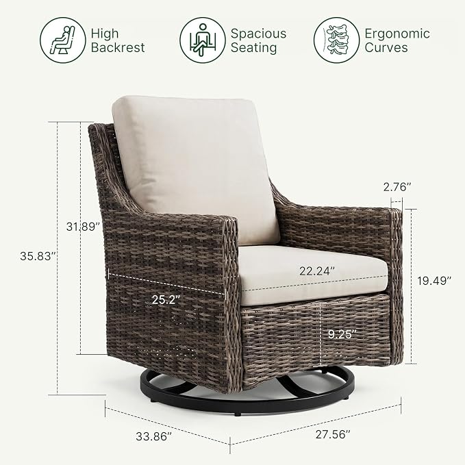 Outdoor Swivel Rocker Patio Chair with Premium Cushion, High Back Wicker Patio Swing Glider for Deck, Porch, Patio and Poolside (Beige, 2 Pcs - Swivel Glider)