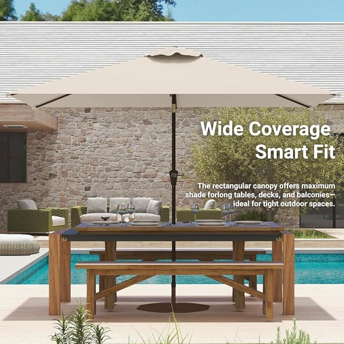 6.5' x 10' Rectangular Patio Umbrella Large Outdoor Market Umbrella w/UV Protection, Push Button Tilt and Crank Lift, Rectangle Table Umbrella for Garden, Deck, Pool, Patio, Beige