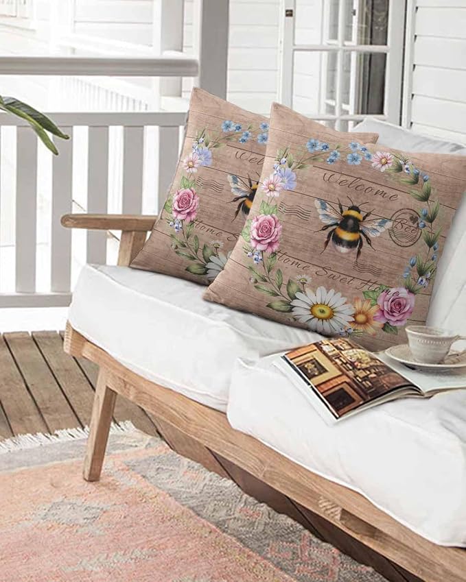 Outdoor Waterproof Throw Pillows Farmhouse Bee Flower Wreath Patio Pillows,Decorative Pillow Covers with Insert,Pillow Cushion Case for Garden Couch Sofa Farm Retro Wood Board