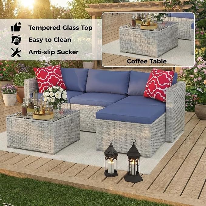 5-Piece Outdoor Sectional Sofa Set, Outdoor Patio Set Sectional Sofa, All-Weather PE Rattan Patio Furniture with Ottoman & Tempered Glass Table for Garden, Backyard, Porch, Poolside (Brown/Blue)