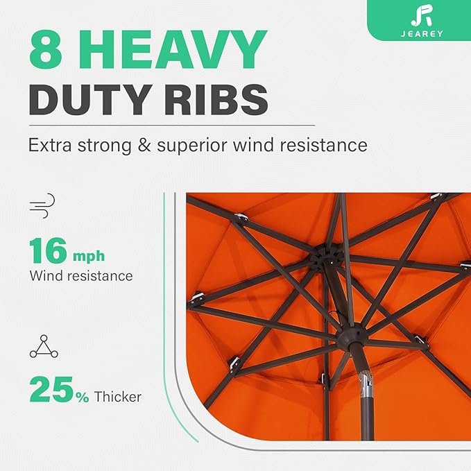 JEAREY 9FT 3 Tier Patio Umbrella Outdoor Market Umbrella Table Umbrellas with 8 Ribs 1.5 Pole Push Button Tilt and Crank UV Protection for Garden,Orange