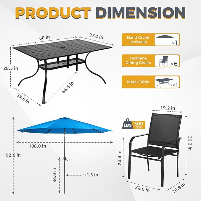 Incbruce 8 Pieces Patio Dining Set with Sky Blue Umbrella, Outdoor Dining Set of 6 Textilene Chairs and Rectangle Table with Umbrella Hole for Backyard, Garden, and Poolside (Black)