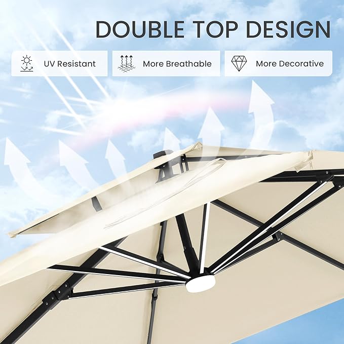 10x10 FT Cantilever Patio Umbrella with Base and Led Lights Double Top Outdoor Square Large Heavy Duty Aluminum Offset Umbrellas with 7 Level Tilt 360-degree Rotation for Pool Garden Deck, Beige