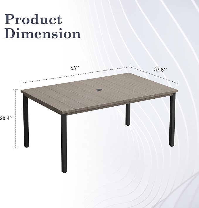 Outdoor Dining Table for 6, 63" Rectangle Outdoor Table with Adjustable Umbrella Hole, All-Weather Metal Patio Dining Table for Lawn Garden Backyard Deck, Grey