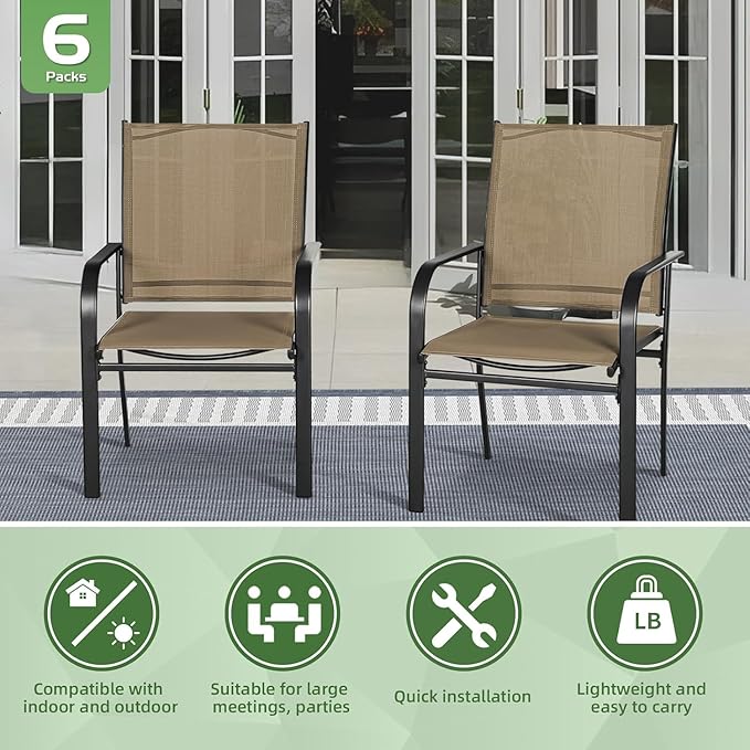 Incbruce 7 Pieces Outdoor Dining Set, Patio Metal Dining Set of 6 Textilene Chairs and Rectangle Table with Umbrella Hole for Lawn, Garden, Porch and Backyard (Brown)