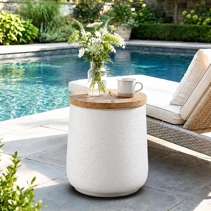 SUNBURY Outdoor Side Table, 13" W Concrete End Tables for Patio, Accent Side Table, Garden Stool Wooden-Look Top Lightweight for Livingroom Bedroom, Garden, Backyard, White