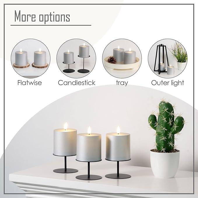 smtyle Silver Flameless LED Candles with Remote, 3"x3" Plastic Pillar Candles, Realistic Flickering Battery Operated Set of 3, Timer Function for Home, Wedding, Party, Holiday Decor