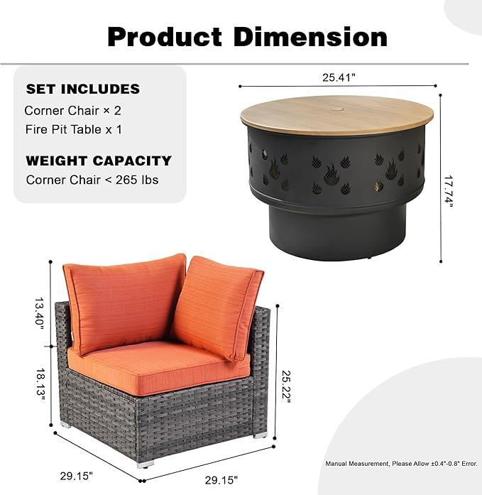 HOOOWOOO 3-Piece Outdoor Wicker Patio Furniture Set, Modular Sectional Sofa with Cushions and Fire Pit Table, All-Weather Rattan Garden Seating for Patio, Porch, or Balcony (Orange Red)