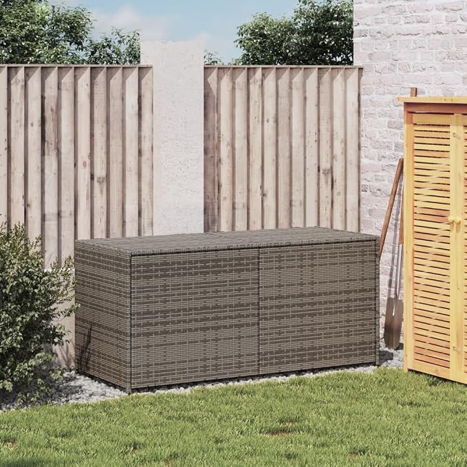 Outdoor Garden Storage Box, Patio Rattan Deck Box, Multifunctional Wicker Storage Box,Rattan Storage Bin, Outdoor Storage Container, Gray 74.8 Gal Poly Rattan