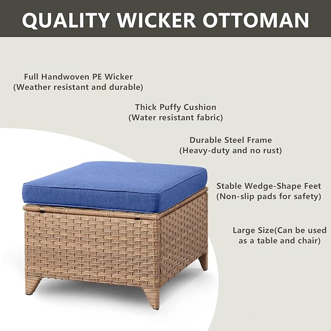 Outdoor Wicker Patio Furniture Set - 6 Piece Rattan Patio Conversation Set with 2 Rocking Swivel Chairs,2 Ottomans,1 Loveseat and 1 Side Table for Porch Deck Backyard Garden(Yellow/Blue)