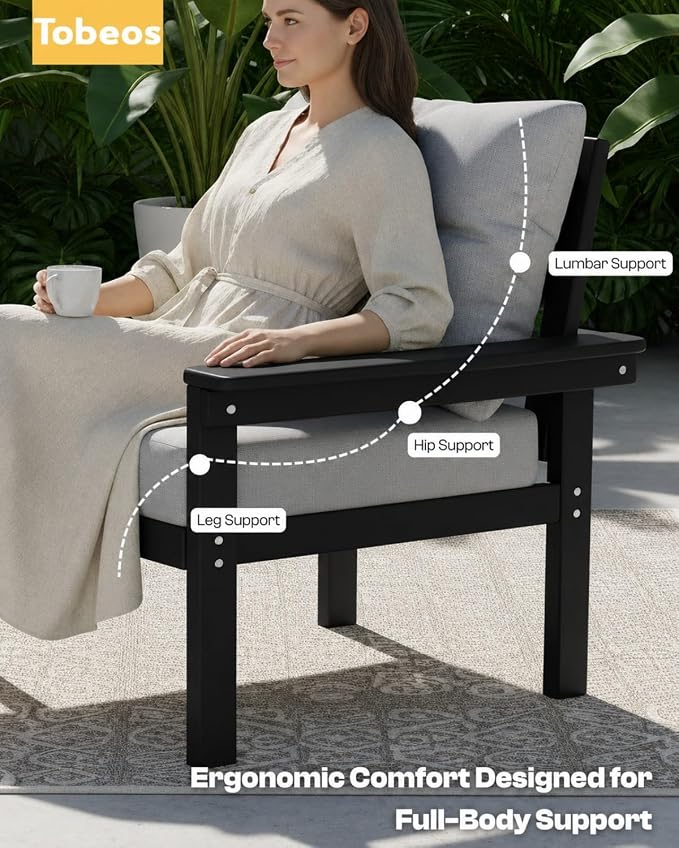 HDPE 3 Piece Patio Furniture Set, All-Weather Outdoor Couch Bistro Set with Thick Cushions & Side Table, Patio Conversation Sets for Lawn, Garden, Porch, Balcony, Deck, Poolside, Black & Grey