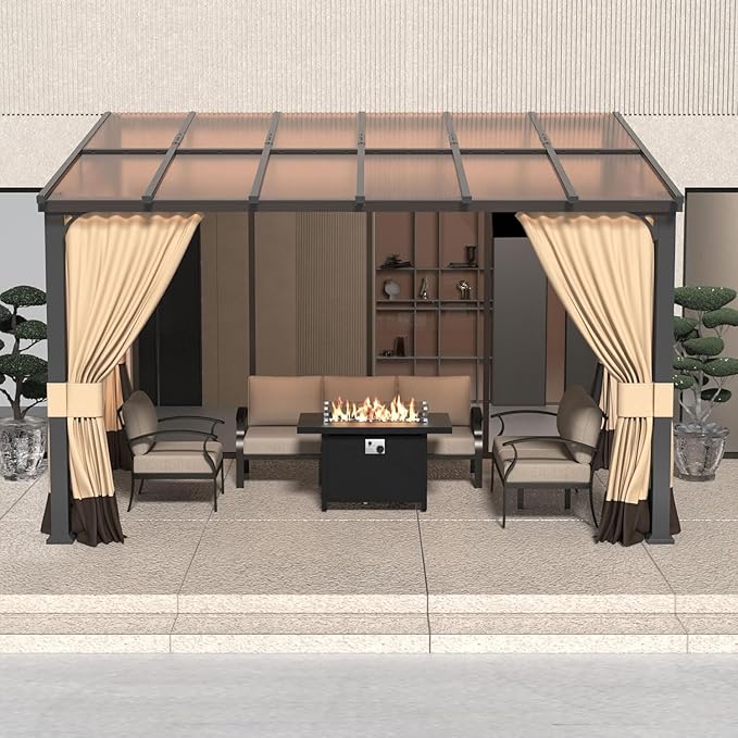 10' x 12' Lean to Gazebo,Large Wall Mount Heavy Duty Gazebos Pavilion,Outdoor Hardtop Pergola Shelter with Curtains and Netting,Sunshade for Patio Garden Lawn Backyard Deck,Brown
