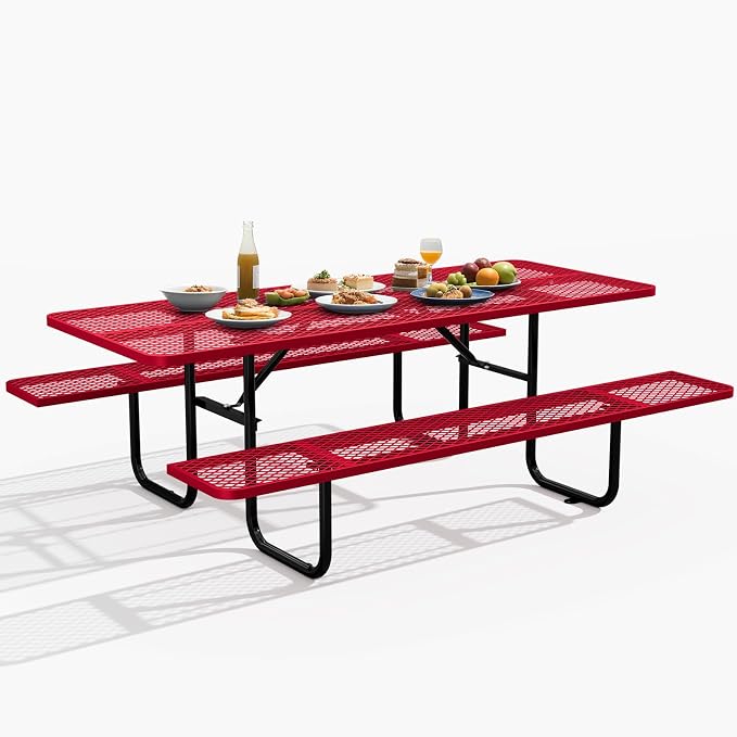 72 Inch Heavy Duty Picnic Table for Outdoors, Rectangular Camping Table with Benches and 1.78" Umbrella Hole, Commercial Grade Steel Frame, 2200 lbs Load Capacity, Red