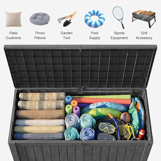 FEFLO 180 Gallon Waterproof Resin Deck Box, Heavy-Duty Outdoor Storage Box | Lockable Lid & UV-Resistant Patio Storage Chest for Garden Tools, Pool Accessories, Package Delivery, Toys, Furniture