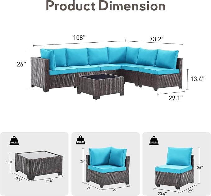 Bonzy Home 7 Pieces Outdoor Patio Furniture Set, PE Rattan Outdoor Sectional Furniture Sofa Set with Removable Cover and Glass Coffee Table, Patio Sofa for Balcony, Porch, Garden, (Brown-Turk Blue)