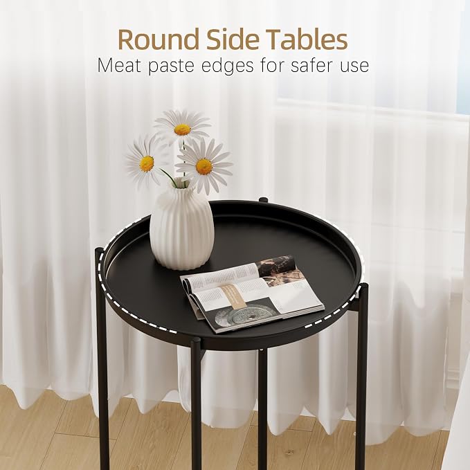 Garden 4 you Small Side Table, Mini Round End Table, Tray Table with Metal Frame, Modern Nightstand for Living Room, Bedroom, Patio, Small Space, 2pcs