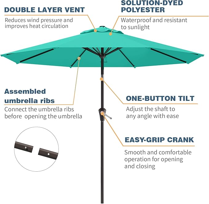 10FT Patio Umbrella, Outdoor Umbrella with Push Button Tilt and Crank, 8 Sturdy Ribs, UV Protection & Waterproof Market Umbrella for Pool, Backyard, Beach,Deck (Cerulean)