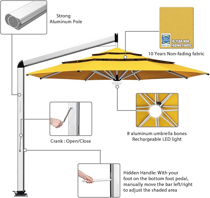 EliteShade USA Atlas 3-Tier 11FT Full Aluminum Cantilever Patio Umbrella for Outdoor Restaurant Garden Courtyard Deck Pool and Marketing with Light (No battery), Sunflower Yellow